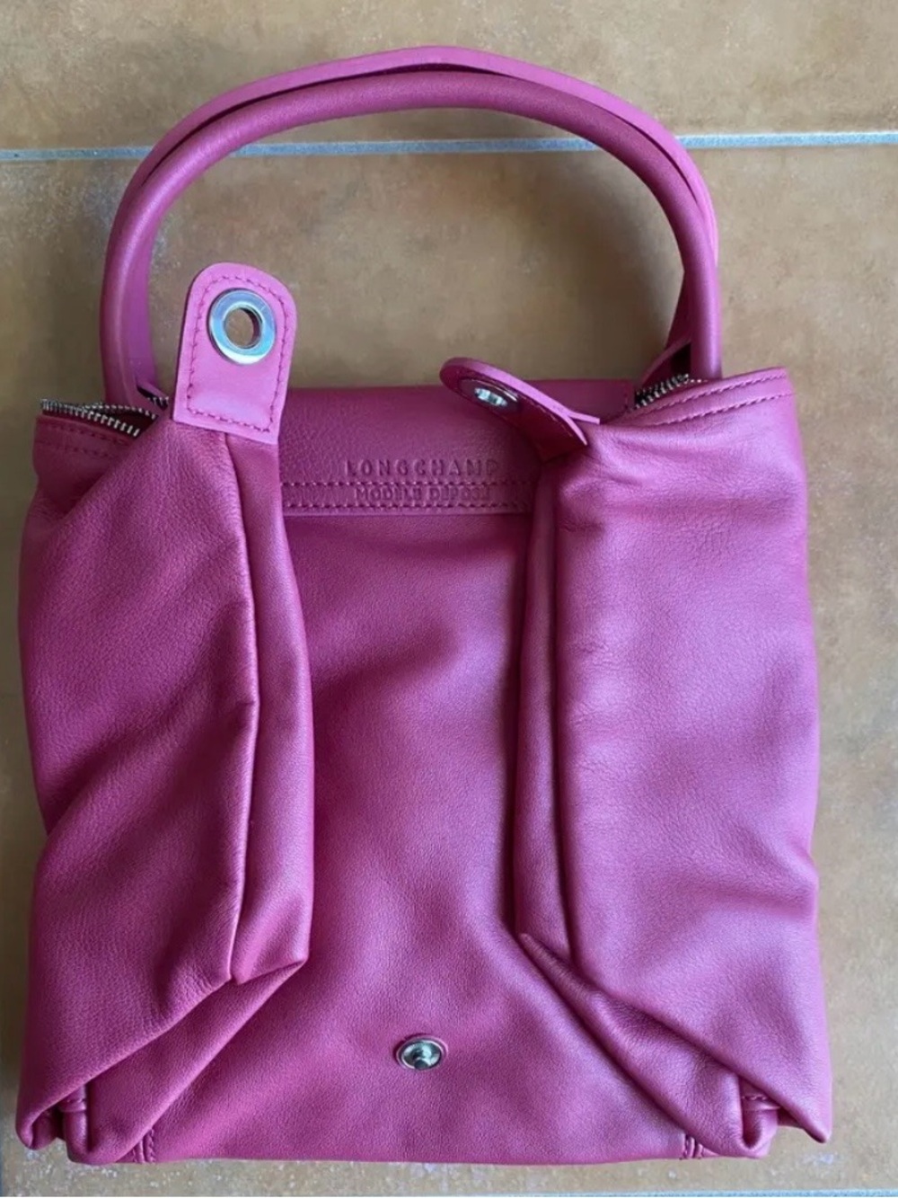 LONGCHAMP Le Pliage Cuir Tote Bag Lambskin Leather Pink Rare Color - Picture 4 of 5